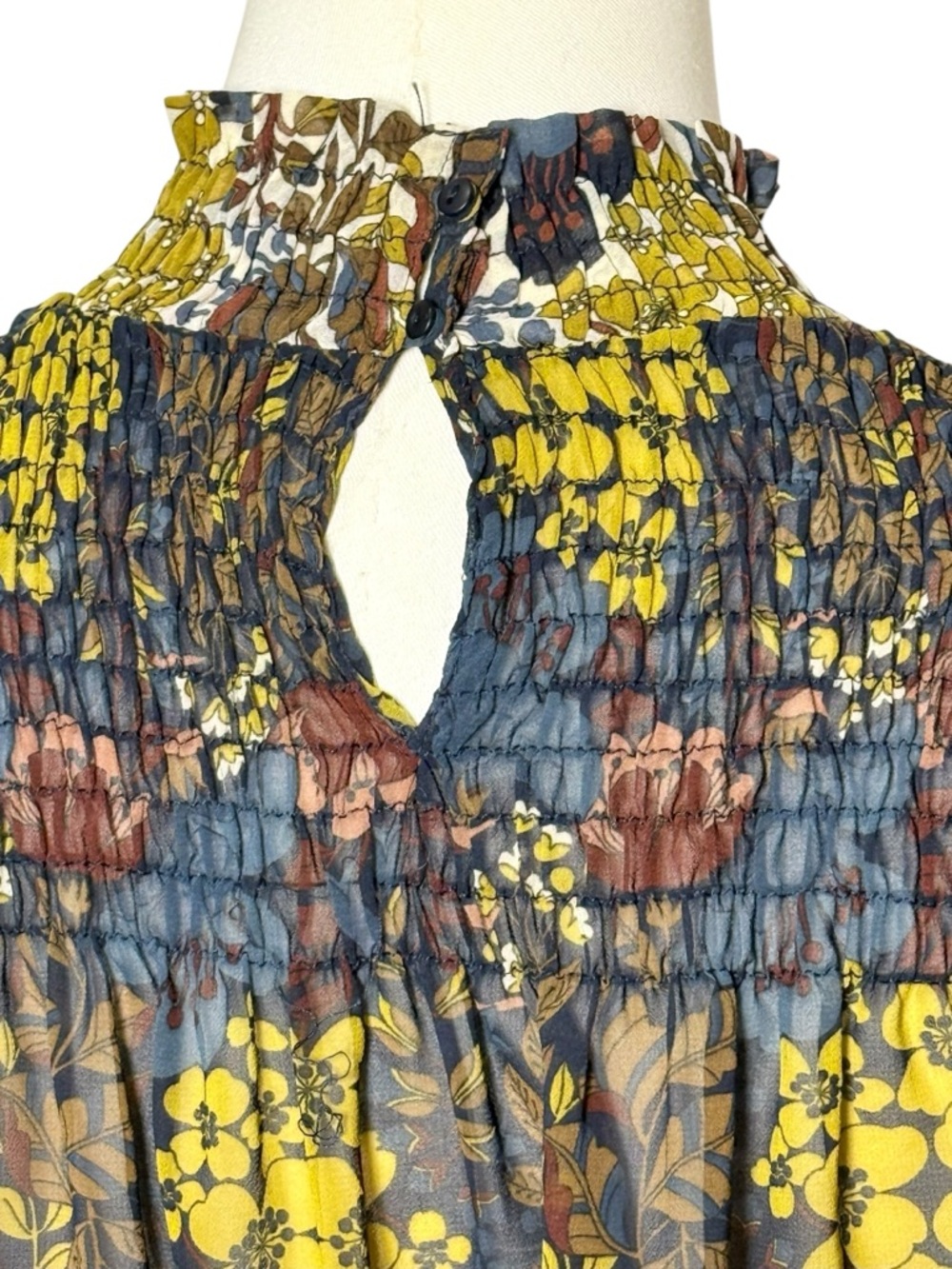 Zara Trafaluc Floral Smocked High Neck Blouse Sheer Black Size Small - Picture 6 of 8